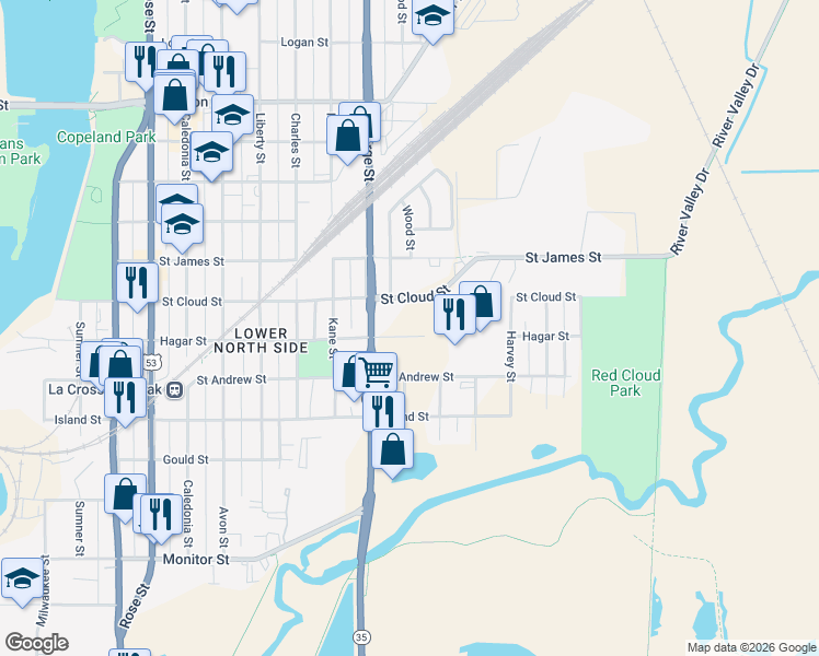 map of restaurants, bars, coffee shops, grocery stores, and more near 1231 Hagar Street in La Crosse