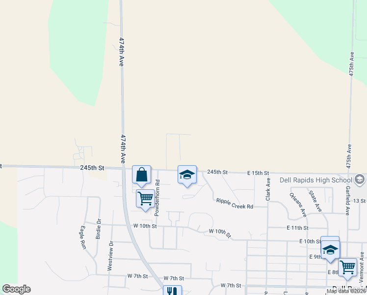 map of restaurants, bars, coffee shops, grocery stores, and more near 405 15th Street in Dell Rapids