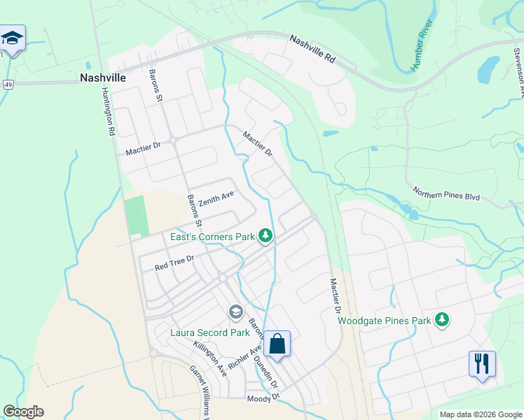 map of restaurants, bars, coffee shops, grocery stores, and more near 85 Cranbrook Crescent in Vaughan