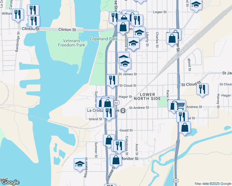 map of restaurants, bars, coffee shops, grocery stores, and more near 632 U.S. 53 in La Crosse