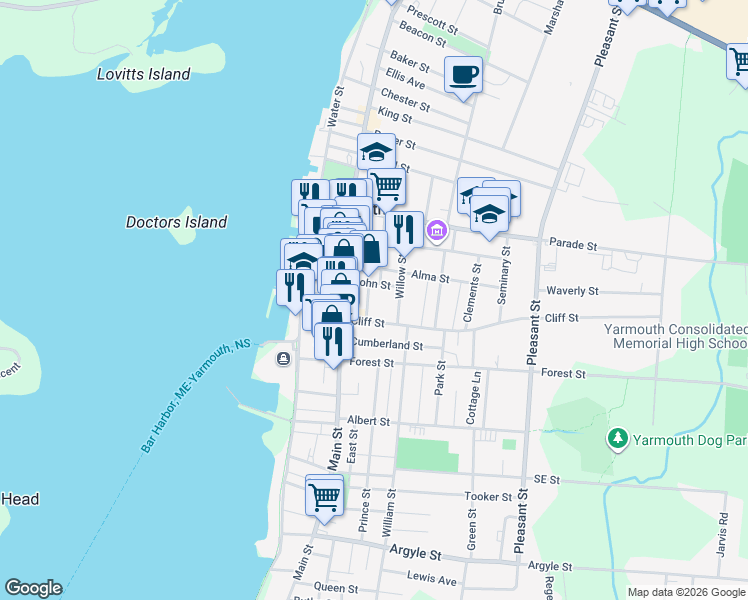 map of restaurants, bars, coffee shops, grocery stores, and more near 11 Kirk Street in Yarmouth