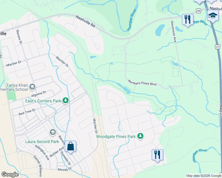 map of restaurants, bars, coffee shops, grocery stores, and more near 319 Torrey Pines Road in Vaughan