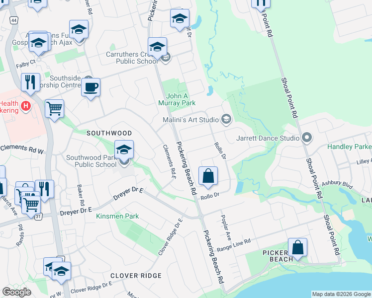 map of restaurants, bars, coffee shops, grocery stores, and more near 42 Hewitt Crescent in Ajax