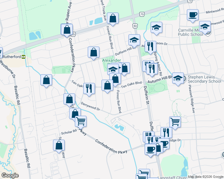 map of restaurants, bars, coffee shops, grocery stores, and more near 5 Belwood Boulevard in Vaughan