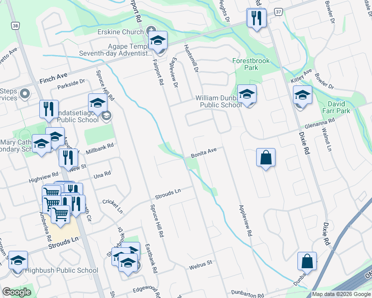 map of restaurants, bars, coffee shops, grocery stores, and more near 1885 Fairport Road in Pickering