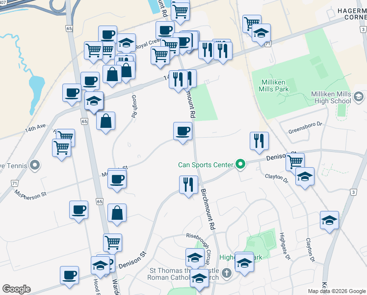 map of restaurants, bars, coffee shops, grocery stores, and more near 7400 Birchmount Road in Markham