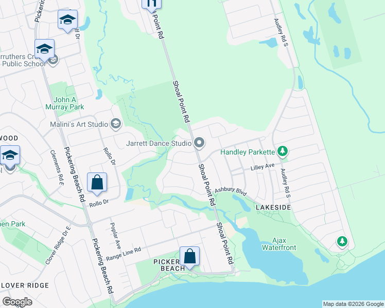 map of restaurants, bars, coffee shops, grocery stores, and more near 3 Spiers Crescent in Ajax