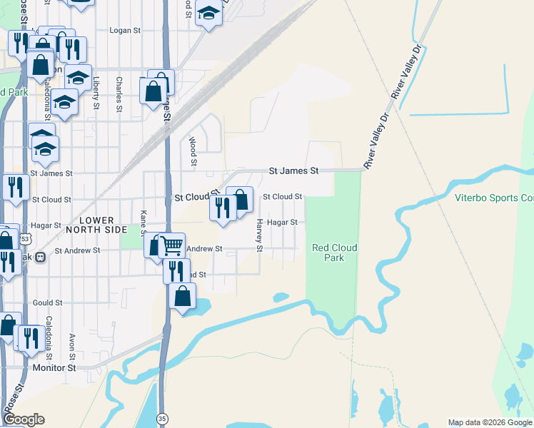 map of restaurants, bars, coffee shops, grocery stores, and more near 627 Powell Street in La Crosse