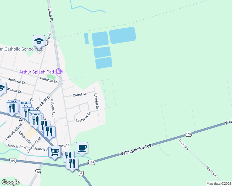 map of restaurants, bars, coffee shops, grocery stores, and more near 228 Schmidt Drive in Arthur