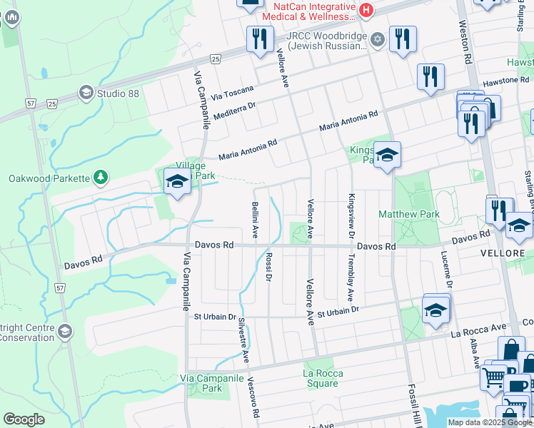 map of restaurants, bars, coffee shops, grocery stores, and more near 54 Terme Avenue in Vaughan
