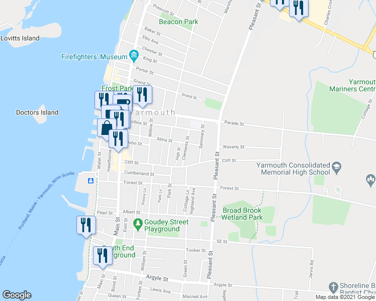 map of restaurants, bars, coffee shops, grocery stores, and more near 15 Clements Street in Yarmouth