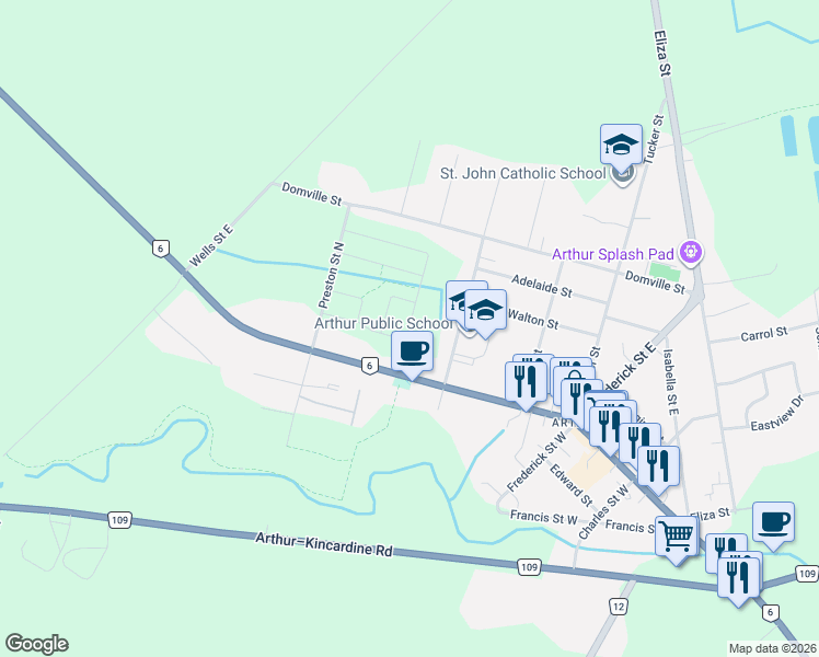 map of restaurants, bars, coffee shops, grocery stores, and more near 161 Dingman Street in Wellington North