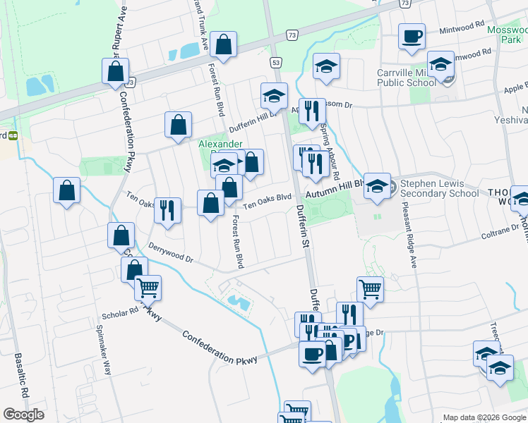 map of restaurants, bars, coffee shops, grocery stores, and more near 48 Foxfield Crescent in Vaughan