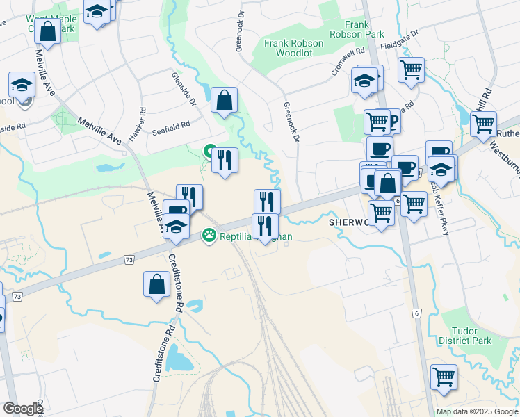 map of restaurants, bars, coffee shops, grocery stores, and more near 2500 Rutherford Road in Vaughan