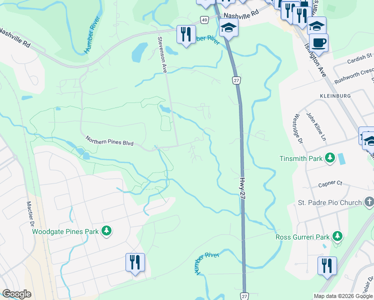 map of restaurants, bars, coffee shops, grocery stores, and more near 2 Nightfall Court in Vaughan