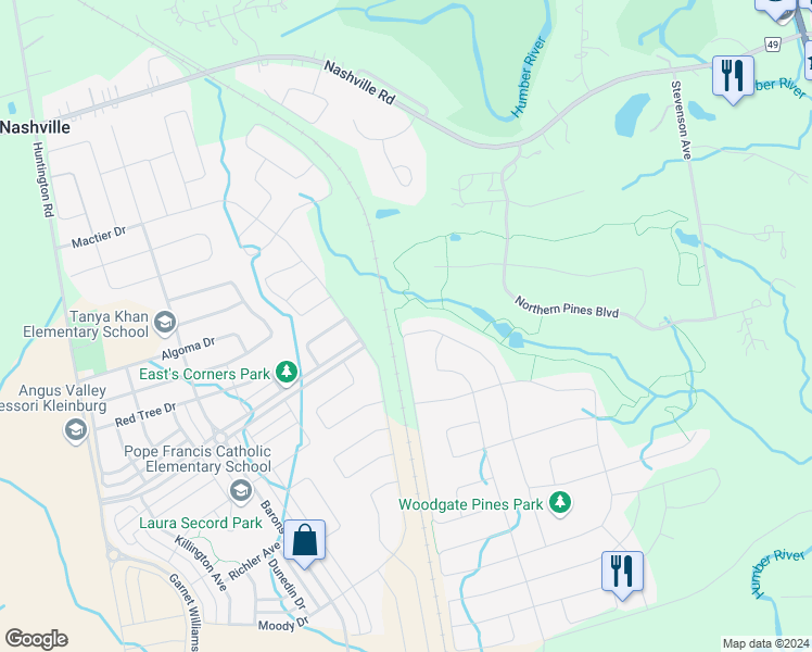 map of restaurants, bars, coffee shops, grocery stores, and more near 271 Torrey Pines Road in Vaughan
