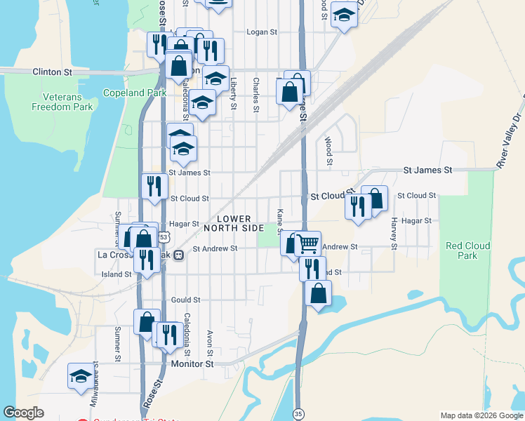 map of restaurants, bars, coffee shops, grocery stores, and more near 704 Charles Street in La Crosse
