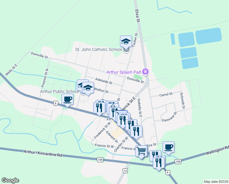 map of restaurants, bars, coffee shops, grocery stores, and more near 185 Tucker Street in Arthur