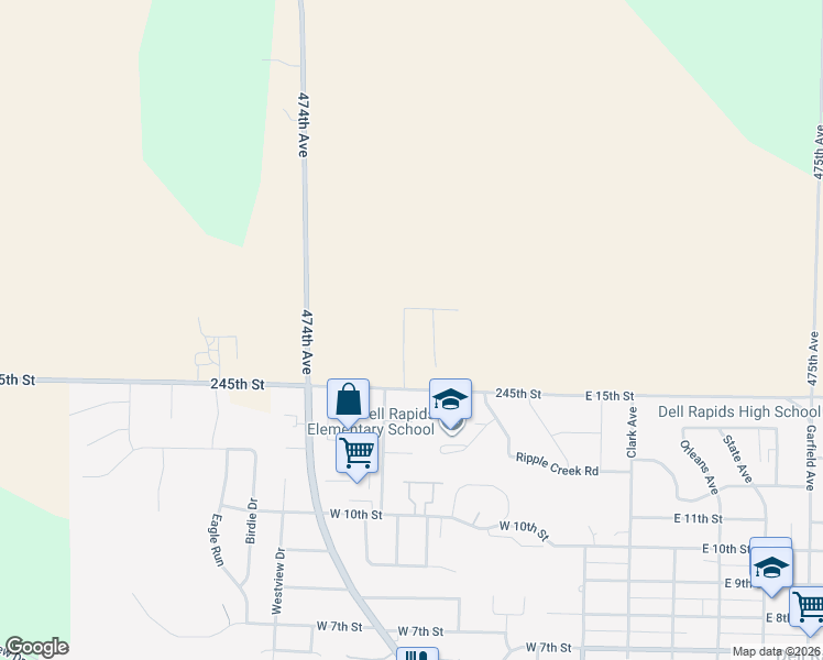 map of restaurants, bars, coffee shops, grocery stores, and more near 405 15th Street in Dell Rapids