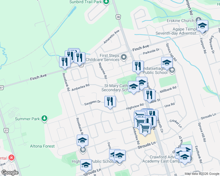 map of restaurants, bars, coffee shops, grocery stores, and more near 1606 Amberlea Road in Pickering