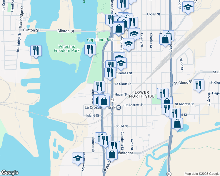 map of restaurants, bars, coffee shops, grocery stores, and more near 802 Rose Street in La Crosse
