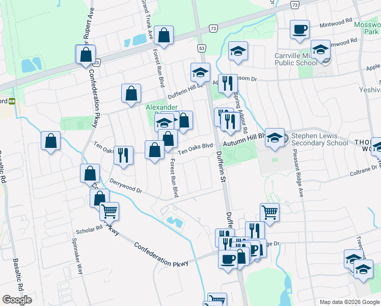 map of restaurants, bars, coffee shops, grocery stores, and more near 57 Ten Oaks Boulevard in Vaughan