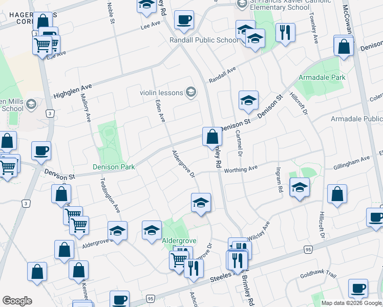map of restaurants, bars, coffee shops, grocery stores, and more near 66 Trafford Crescent in Markham