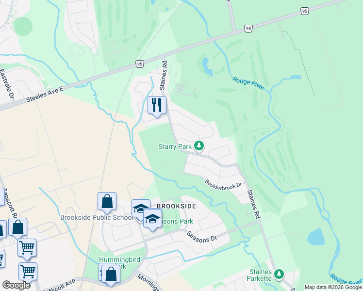 map of restaurants, bars, coffee shops, grocery stores, and more near 529 Staines Road in Toronto