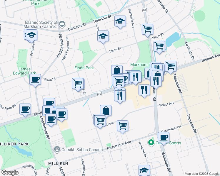 map of restaurants, bars, coffee shops, grocery stores, and more near Irenemount Crescent to Steeles Avenue East in Markham