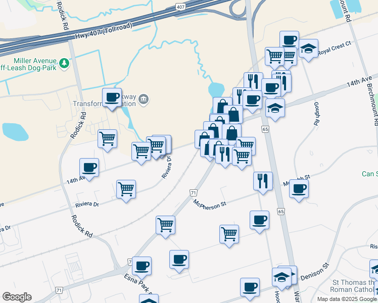 map of restaurants, bars, coffee shops, grocery stores, and more near 3575 14th Avenue in Markham