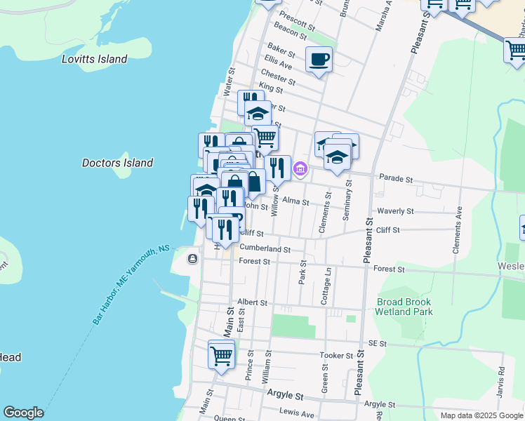 map of restaurants, bars, coffee shops, grocery stores, and more near 31 John Street in Yarmouth