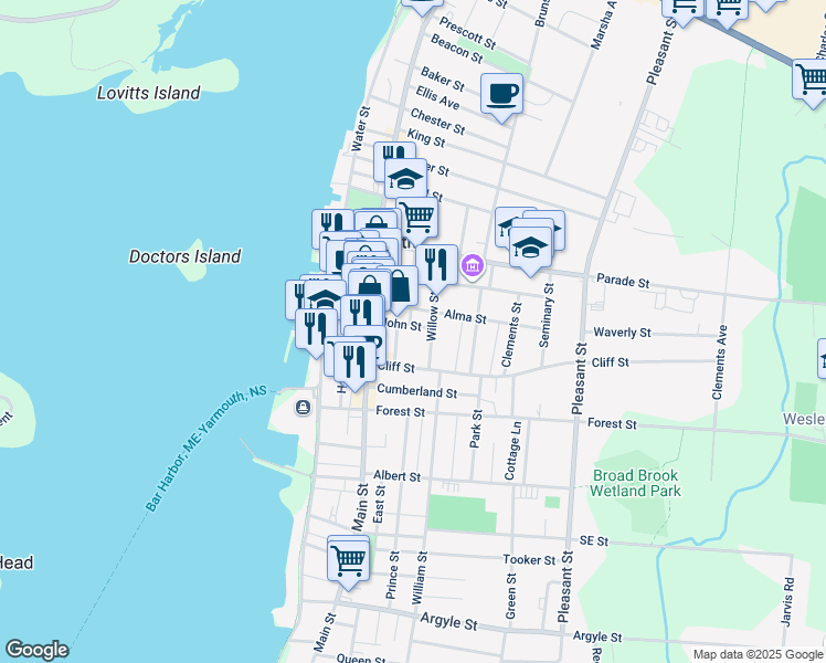 map of restaurants, bars, coffee shops, grocery stores, and more near 31 John Street in Yarmouth