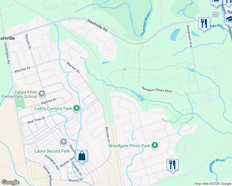 map of restaurants, bars, coffee shops, grocery stores, and more near 71 Creedmore Court in Vaughan