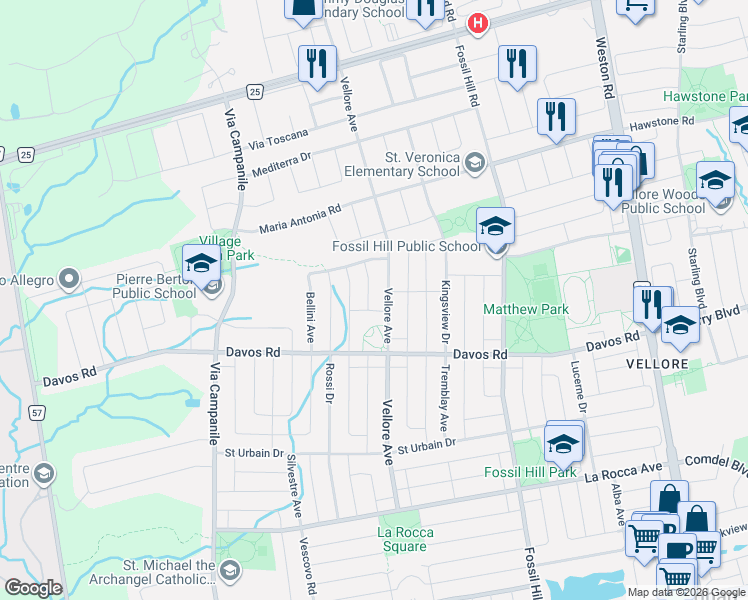 map of restaurants, bars, coffee shops, grocery stores, and more near 7 Storica Drive in Vaughan