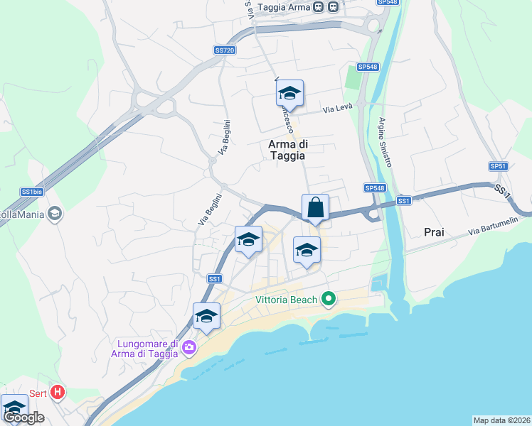 map of restaurants, bars, coffee shops, grocery stores, and more near 54 Via Aurelia Ponente in Arma di Taggia