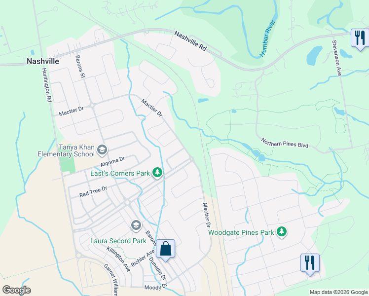 map of restaurants, bars, coffee shops, grocery stores, and more near Mactier Drive in Vaughan
