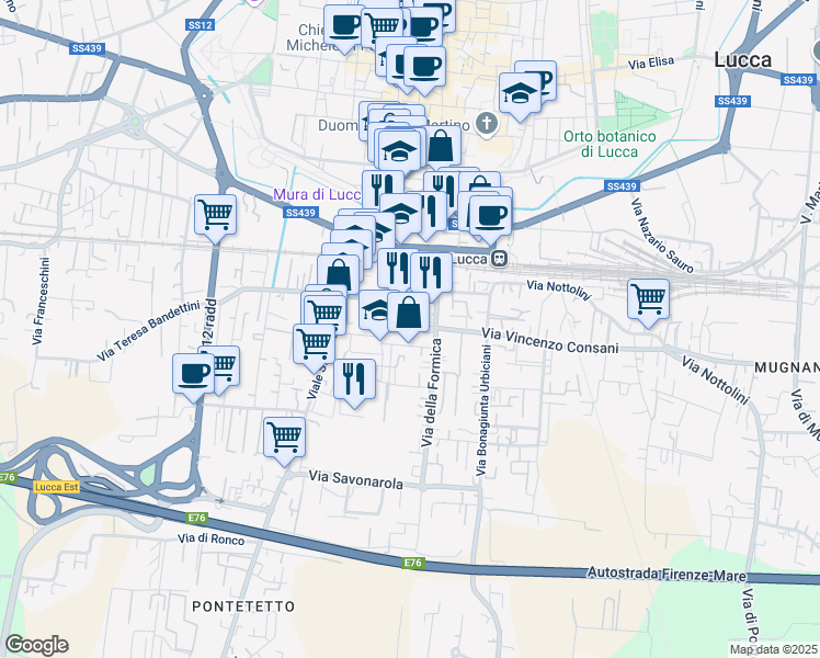 map of restaurants, bars, coffee shops, grocery stores, and more near 192 Via Giovanni Guidiccioni in Lucca