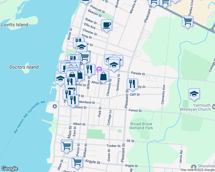 map of restaurants, bars, coffee shops, grocery stores, and more near 45 Alma Street in Yarmouth