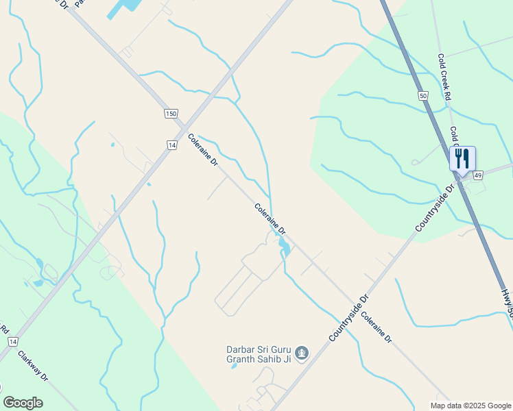 map of restaurants, bars, coffee shops, grocery stores, and more near Coleraine Drive in Brampton