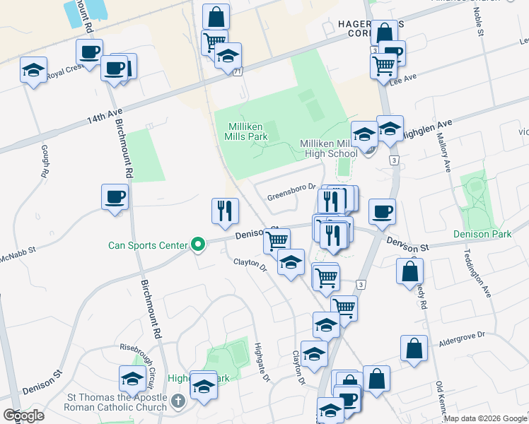 map of restaurants, bars, coffee shops, grocery stores, and more near 253 Milliken Meadows Drive in Markham