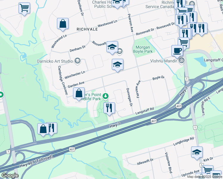map of restaurants, bars, coffee shops, grocery stores, and more near 14 Park Lane Circle in Richmond Hill