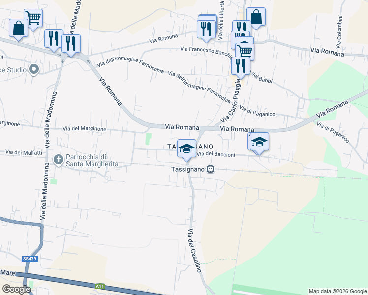map of restaurants, bars, coffee shops, grocery stores, and more near 47 Via della Chiesa in Capannori