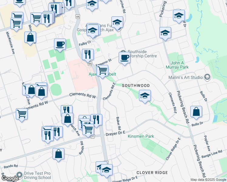 map of restaurants, bars, coffee shops, grocery stores, and more near in Ajax