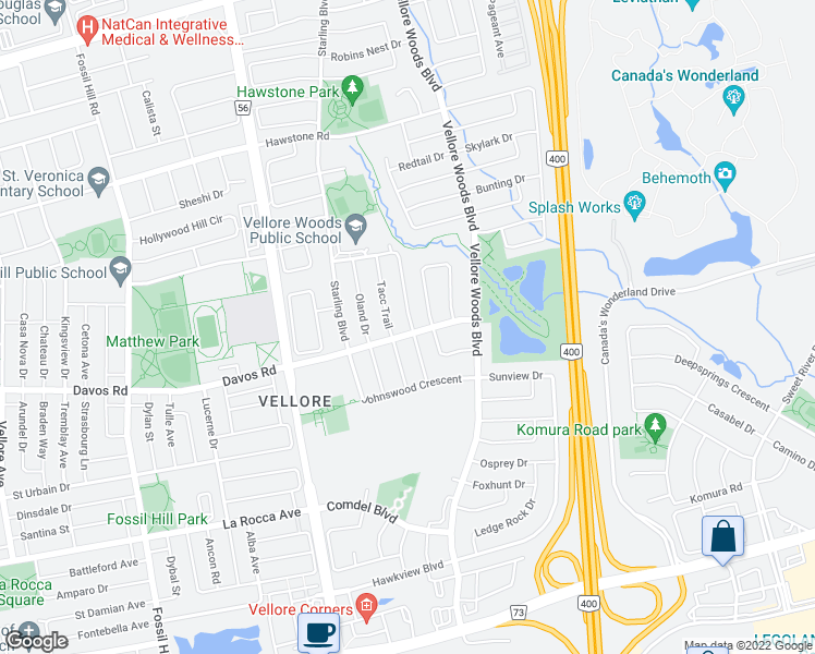 map of restaurants, bars, coffee shops, grocery stores, and more near 141 Fox Hound Crescent in Vaughan