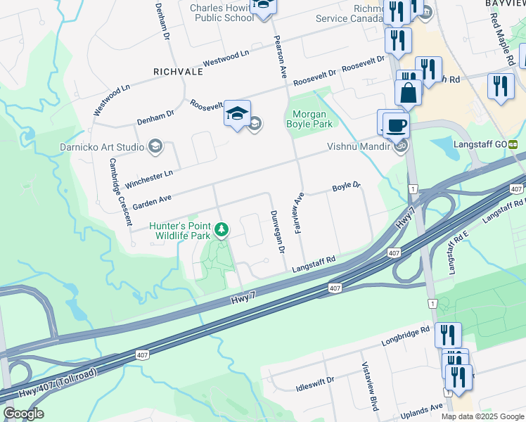 map of restaurants, bars, coffee shops, grocery stores, and more near 105 Old Surrey Lane in Richmond Hill