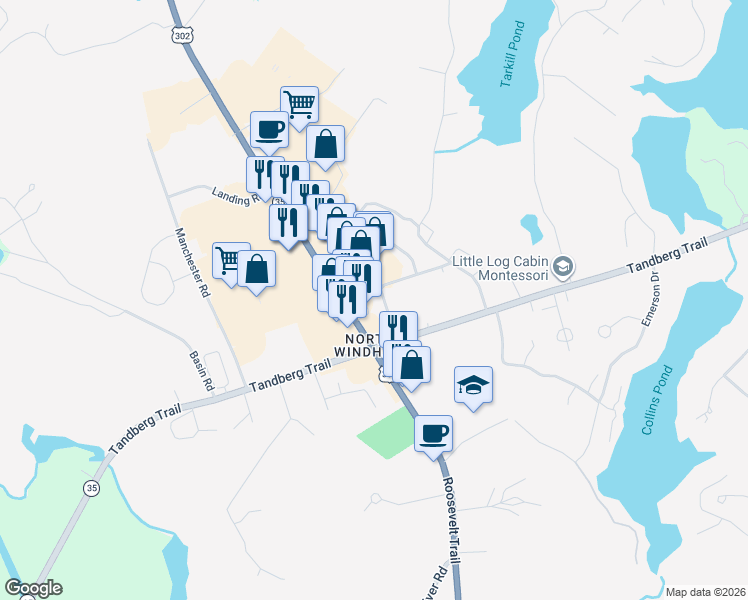 map of restaurants, bars, coffee shops, grocery stores, and more near 759 Roosevelt Trail in Windham