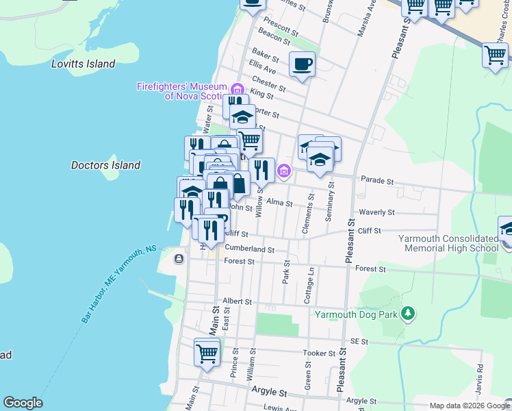 map of restaurants, bars, coffee shops, grocery stores, and more near 16 Willow Street in Yarmouth