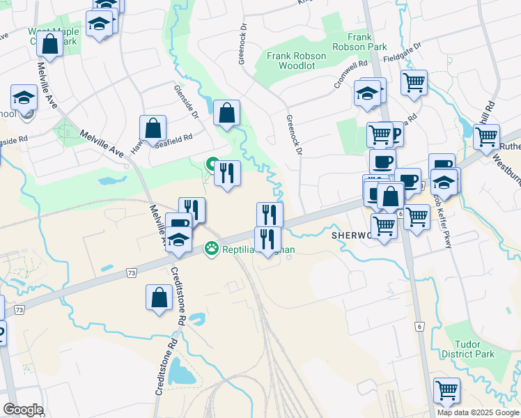 map of restaurants, bars, coffee shops, grocery stores, and more near 2502 Rutherford Road in Vaughan