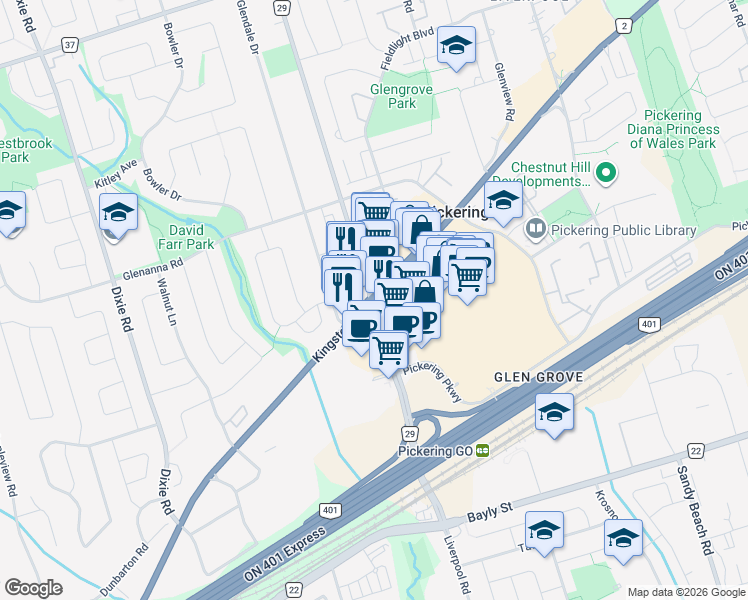 map of restaurants, bars, coffee shops, grocery stores, and more near Durham Regional Hwy 2 & Liverpool Rd in Pickering
