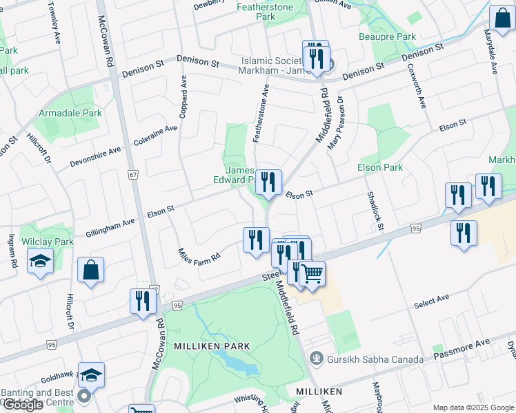 map of restaurants, bars, coffee shops, grocery stores, and more near in Markham